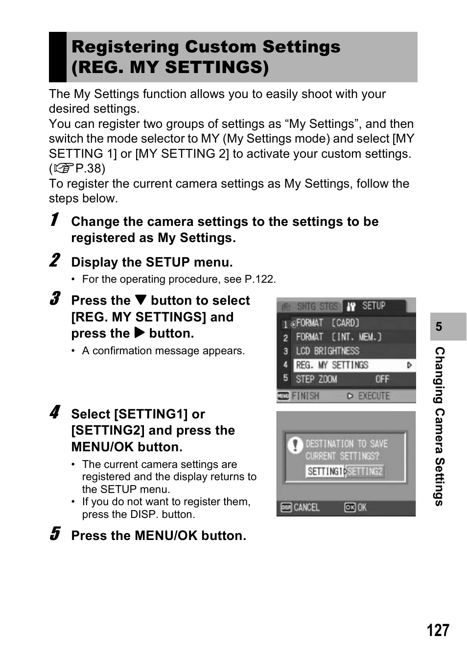 Registering custom settings (reg. my settings) | Ricoh Caplio R6 User Manual | Page 129 / 195