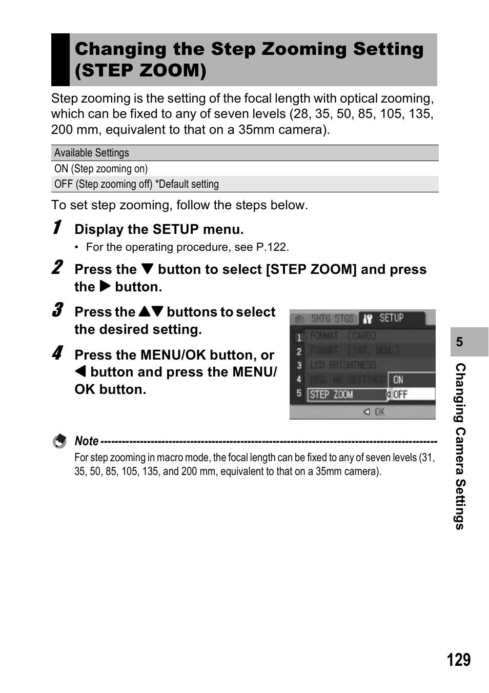 Changing the step zooming setting (step zoom) | Ricoh Caplio R6 User Manual | Page 131 / 195