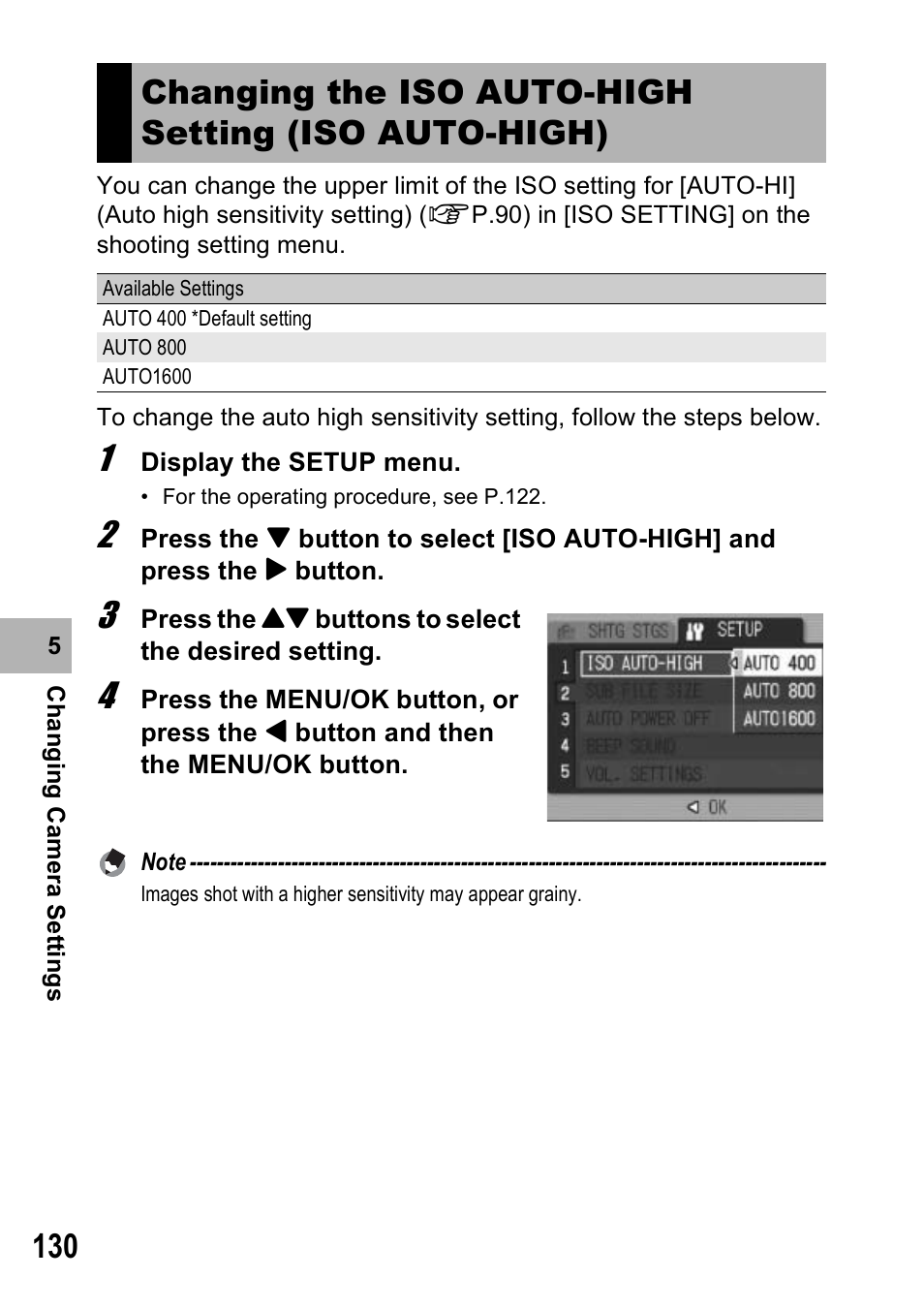 Changing the iso auto-high setting (iso auto-high) | Ricoh Caplio R6 User Manual | Page 132 / 195