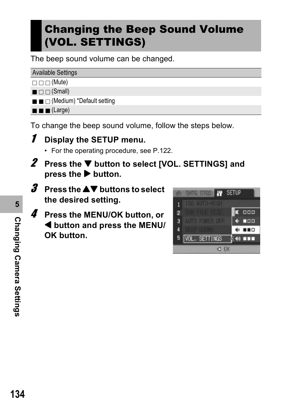 Changing the beep sound volume (vol. settings) | Ricoh Caplio R6 User Manual | Page 136 / 195