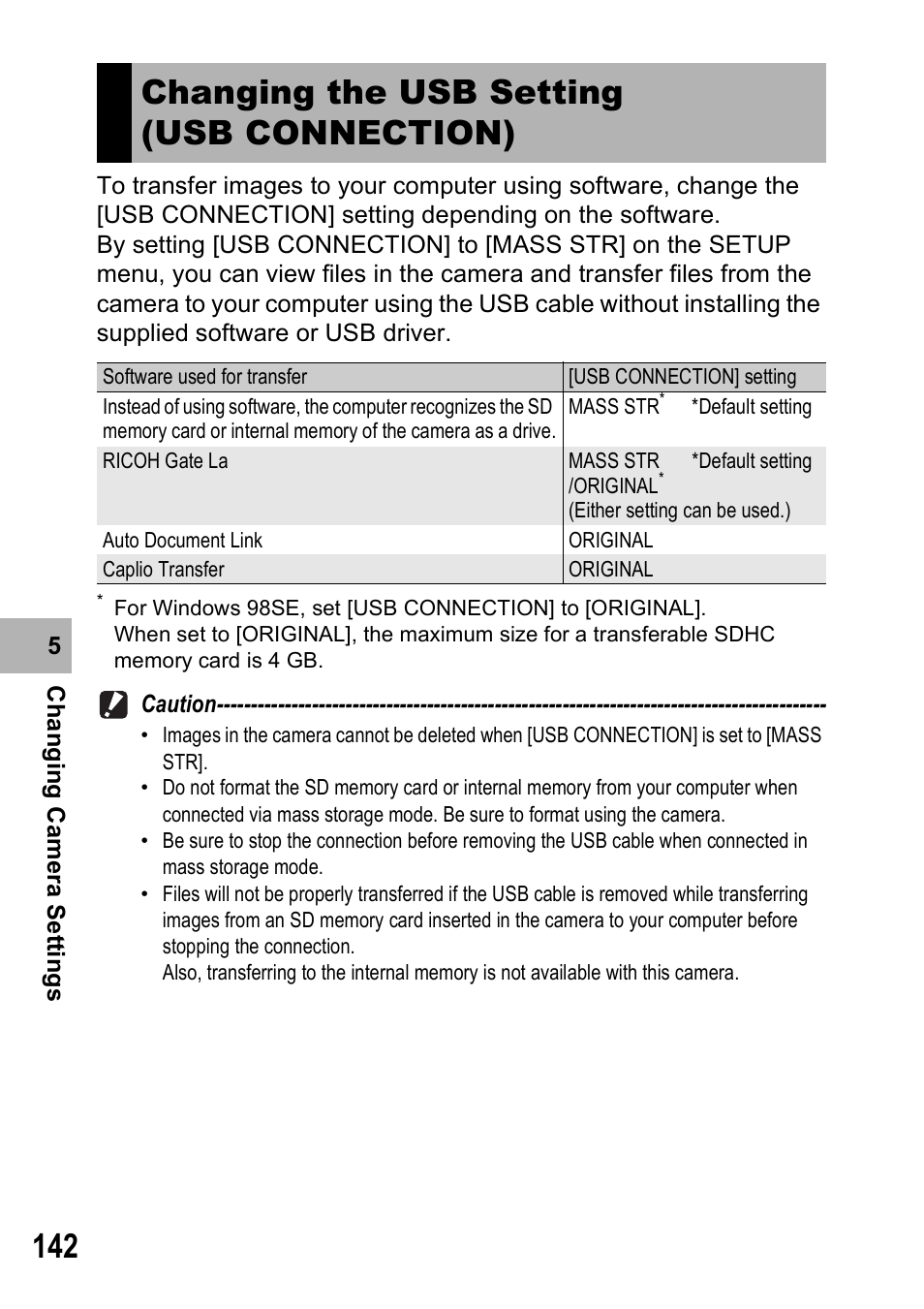 Changing the usb setting (usb connection) | Ricoh Caplio R6 User Manual | Page 144 / 195