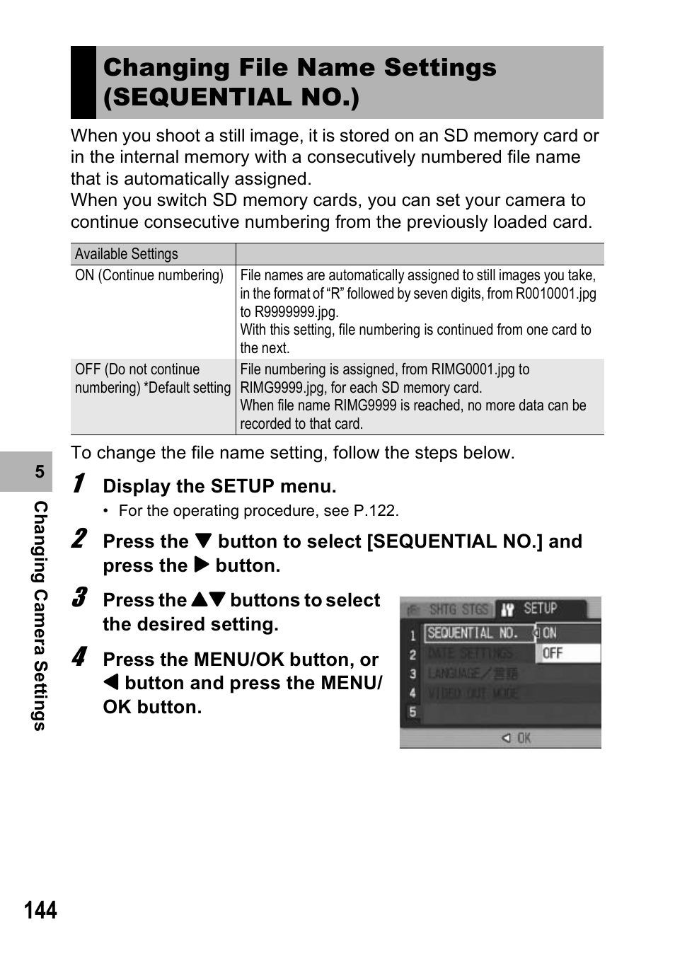 Changing file name settings (sequential no.) | Ricoh Caplio R6 User Manual | Page 146 / 195