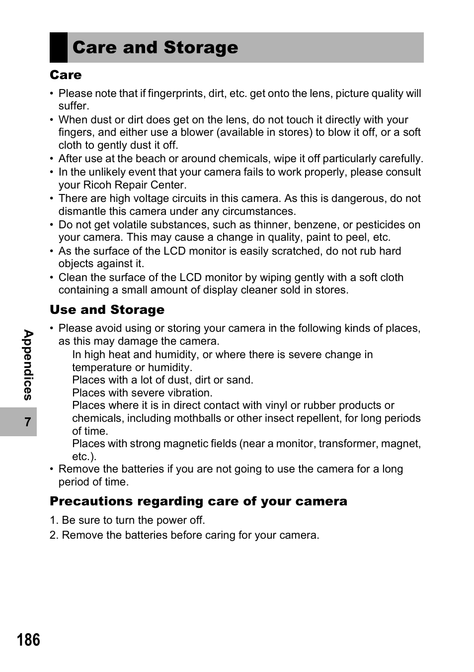 Care and storage | Ricoh Caplio R6 User Manual | Page 188 / 195