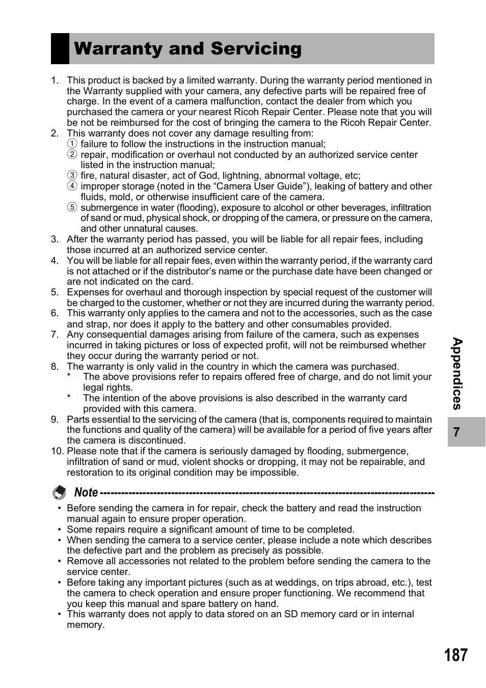 Warranty and servicing | Ricoh Caplio R6 User Manual | Page 189 / 195