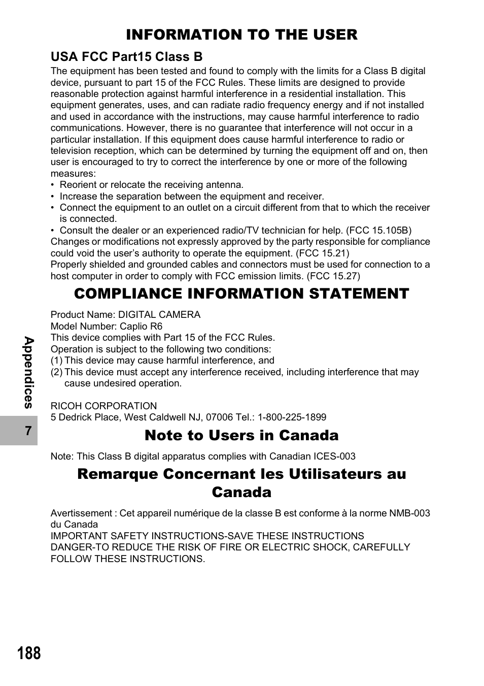 Information to the user, Compliance information statement, Remarque concernant les utilisateurs au canada | Ricoh Caplio R6 User Manual | Page 190 / 195