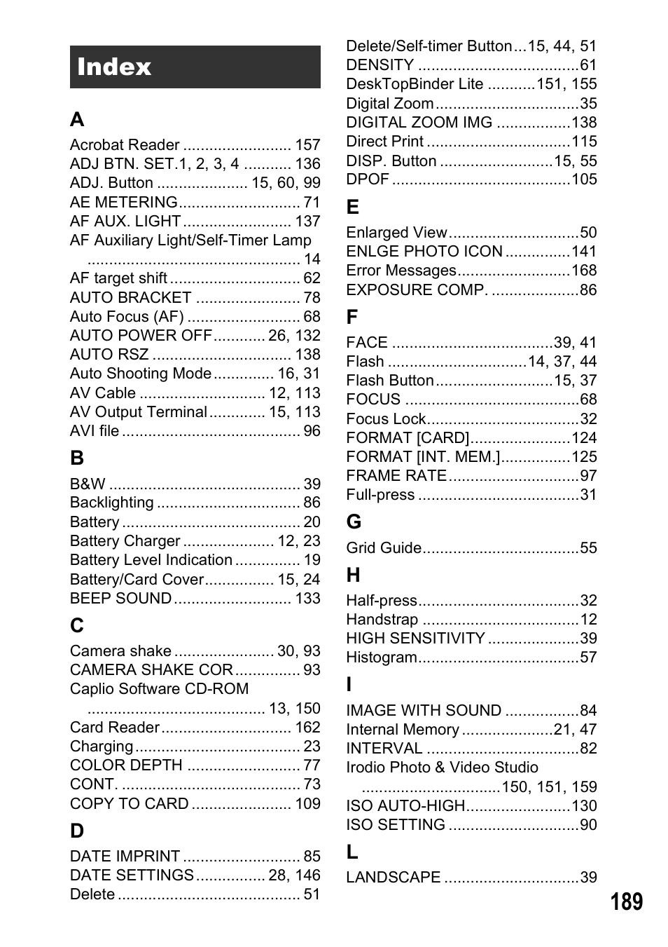 Index | Ricoh Caplio R6 User Manual | Page 191 / 195