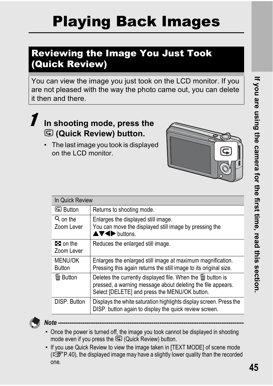 Playing back images, Reviewing the image you just took (quick review) | Ricoh Caplio R6 User Manual | Page 47 / 195