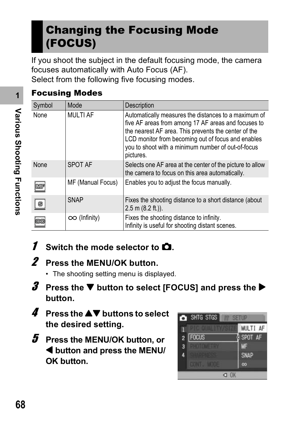 Changing the focusing mode (focus) | Ricoh Caplio R6 User Manual | Page 70 / 195