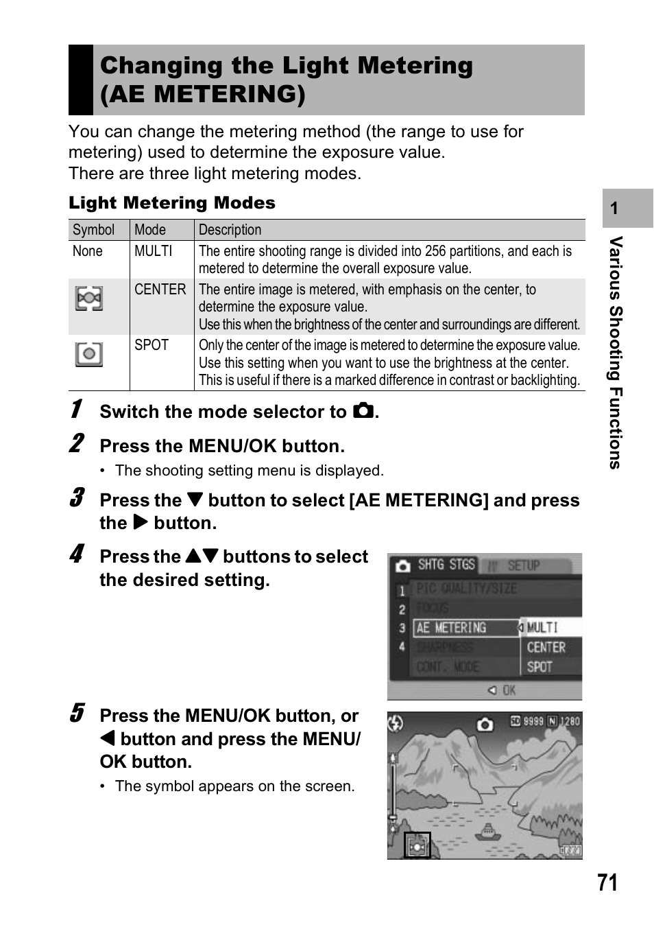 Changing the light metering (ae metering) | Ricoh Caplio R6 User Manual | Page 73 / 195