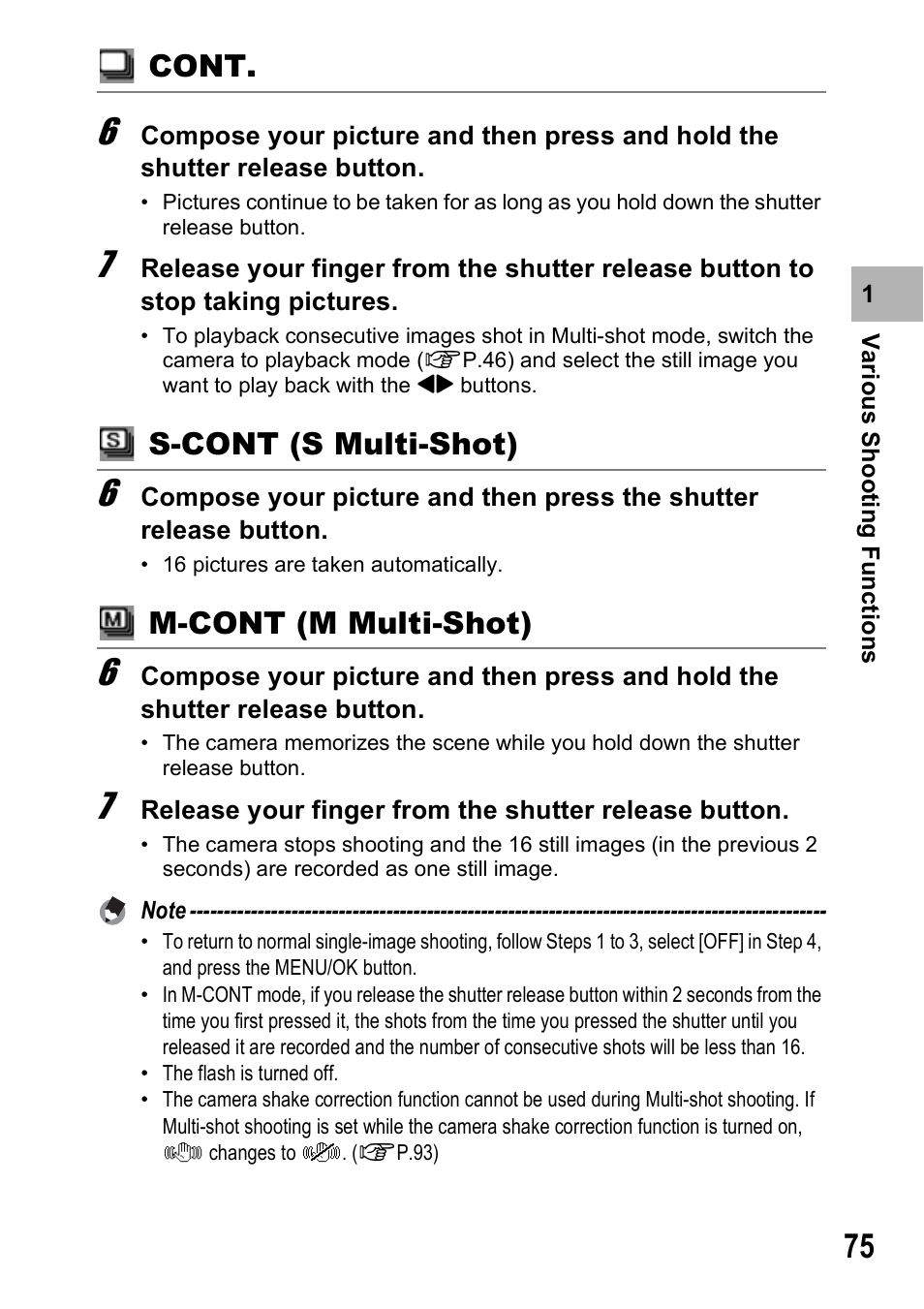 Cont, S-cont (s multi-shot), M-cont (m multi-shot) | Ricoh Caplio R6 User Manual | Page 77 / 195