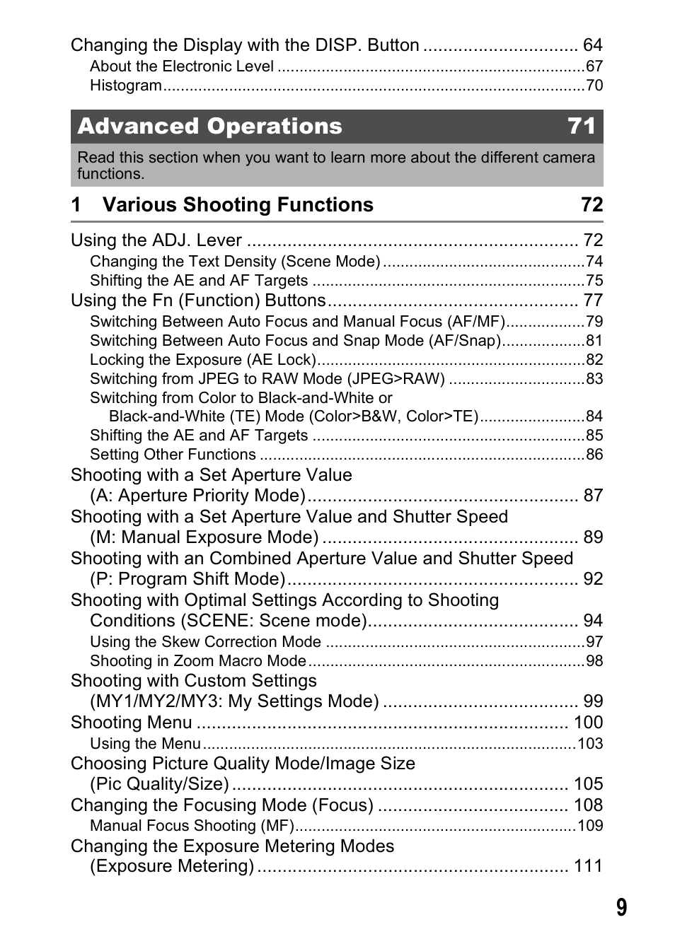 Advanced operations 71, 1 various shooting functions 72 | Ricoh GX200 VF KIT User Manual | Page 11 / 266