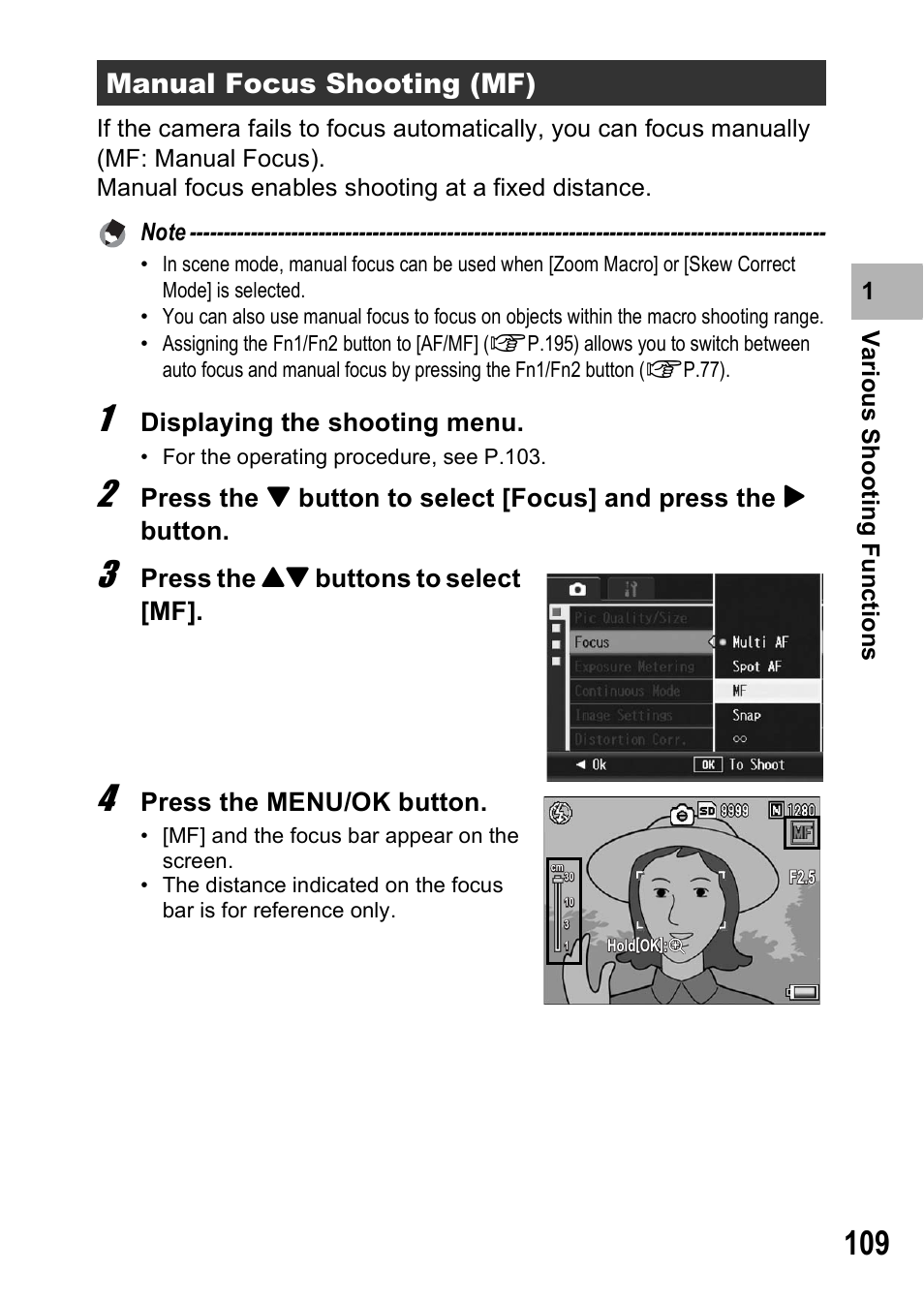 Manual focus shooting (mf), Displaying the shooting menu, Press the !" buttons to select [mf | Press the menu/ok button | Ricoh GX200 VF KIT User Manual | Page 111 / 266