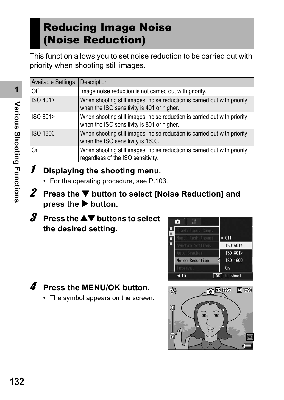 Reducing image noise (noise reduction) | Ricoh GX200 VF KIT User Manual | Page 134 / 266