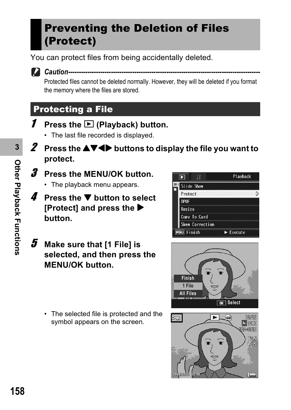 Preventing the deletion of files (protect), Protecting a file | Ricoh GX200 VF KIT User Manual | Page 160 / 266