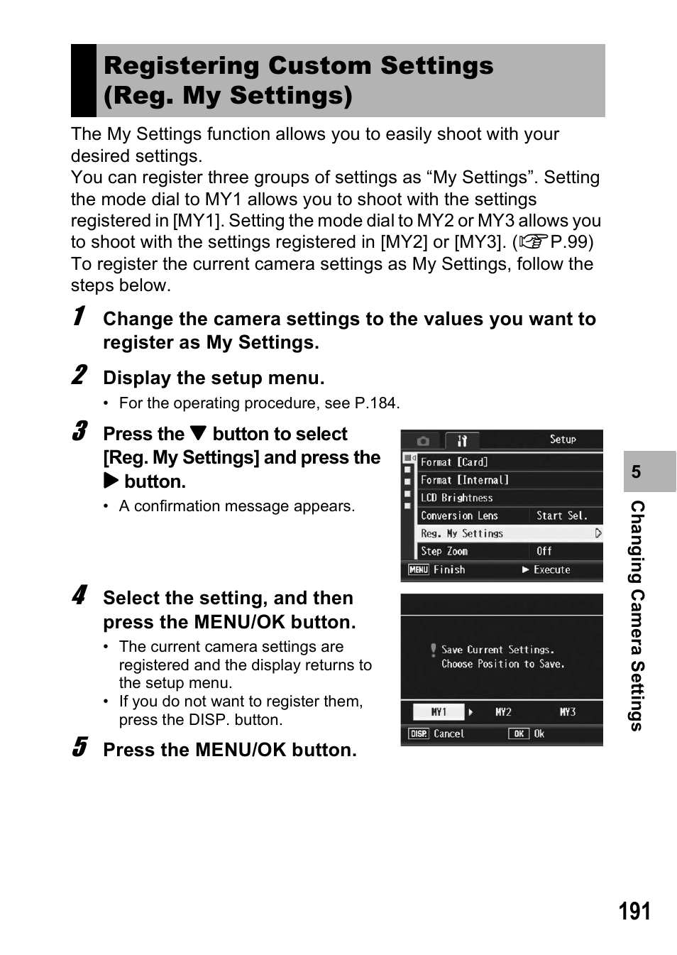 Registering custom settings (reg. my settings) | Ricoh GX200 VF KIT User Manual | Page 193 / 266