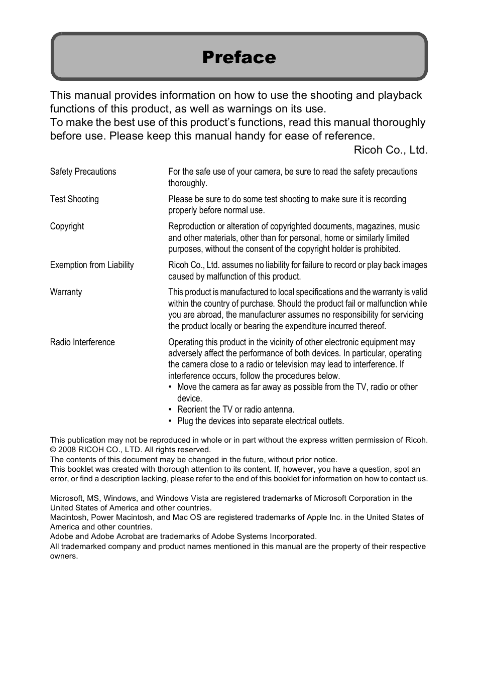 Preface | Ricoh GX200 VF KIT User Manual | Page 2 / 266