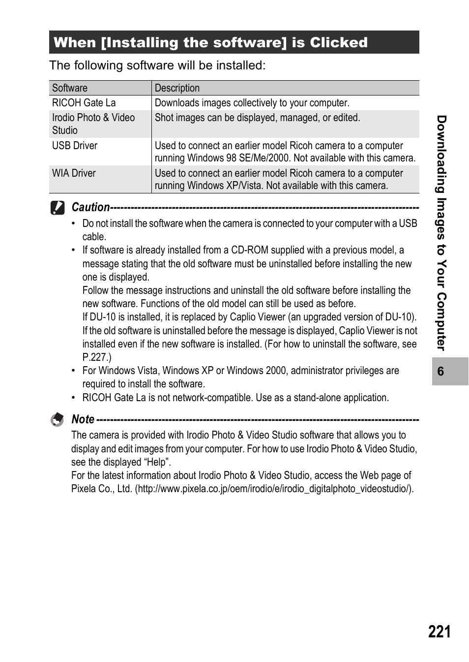 When [installing the software] is clicked | Ricoh GX200 VF KIT User Manual | Page 223 / 266