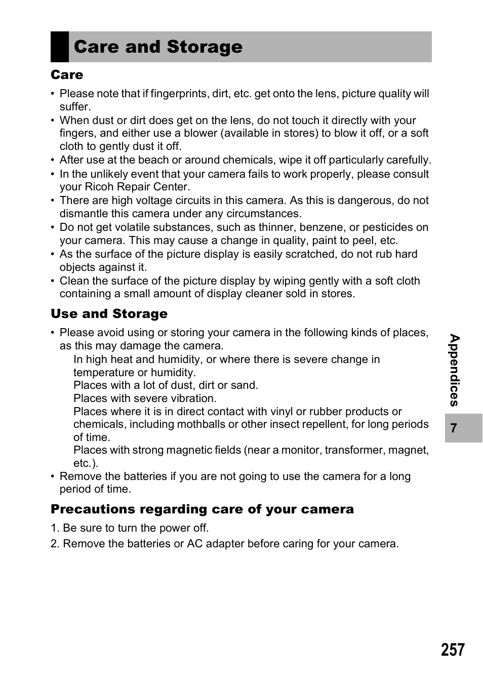 Care and storage | Ricoh GX200 VF KIT User Manual | Page 259 / 266