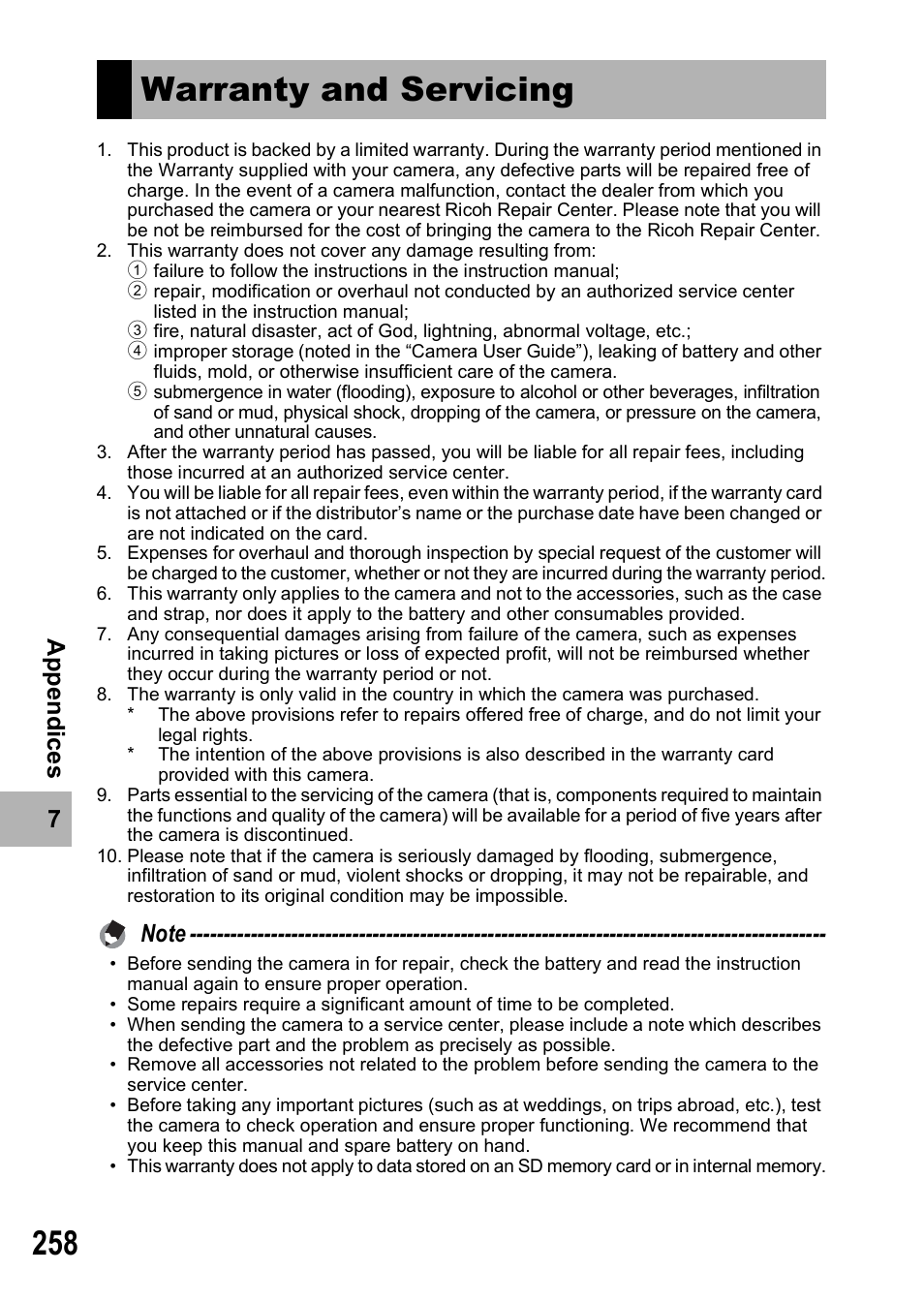 Warranty and servicing | Ricoh GX200 VF KIT User Manual | Page 260 / 266