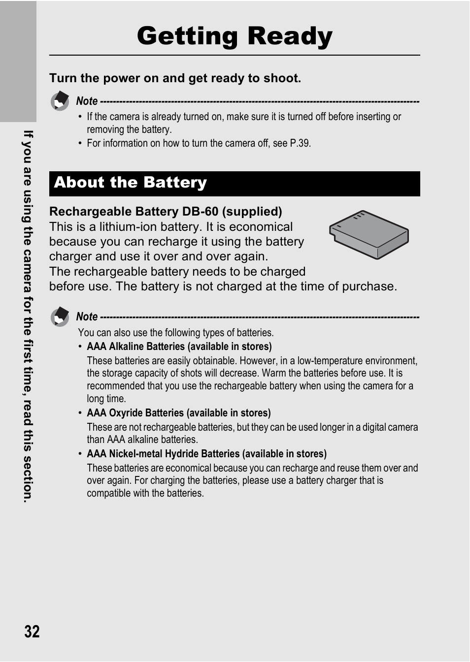 Getting ready, About the battery | Ricoh GX200 VF KIT User Manual | Page 34 / 266