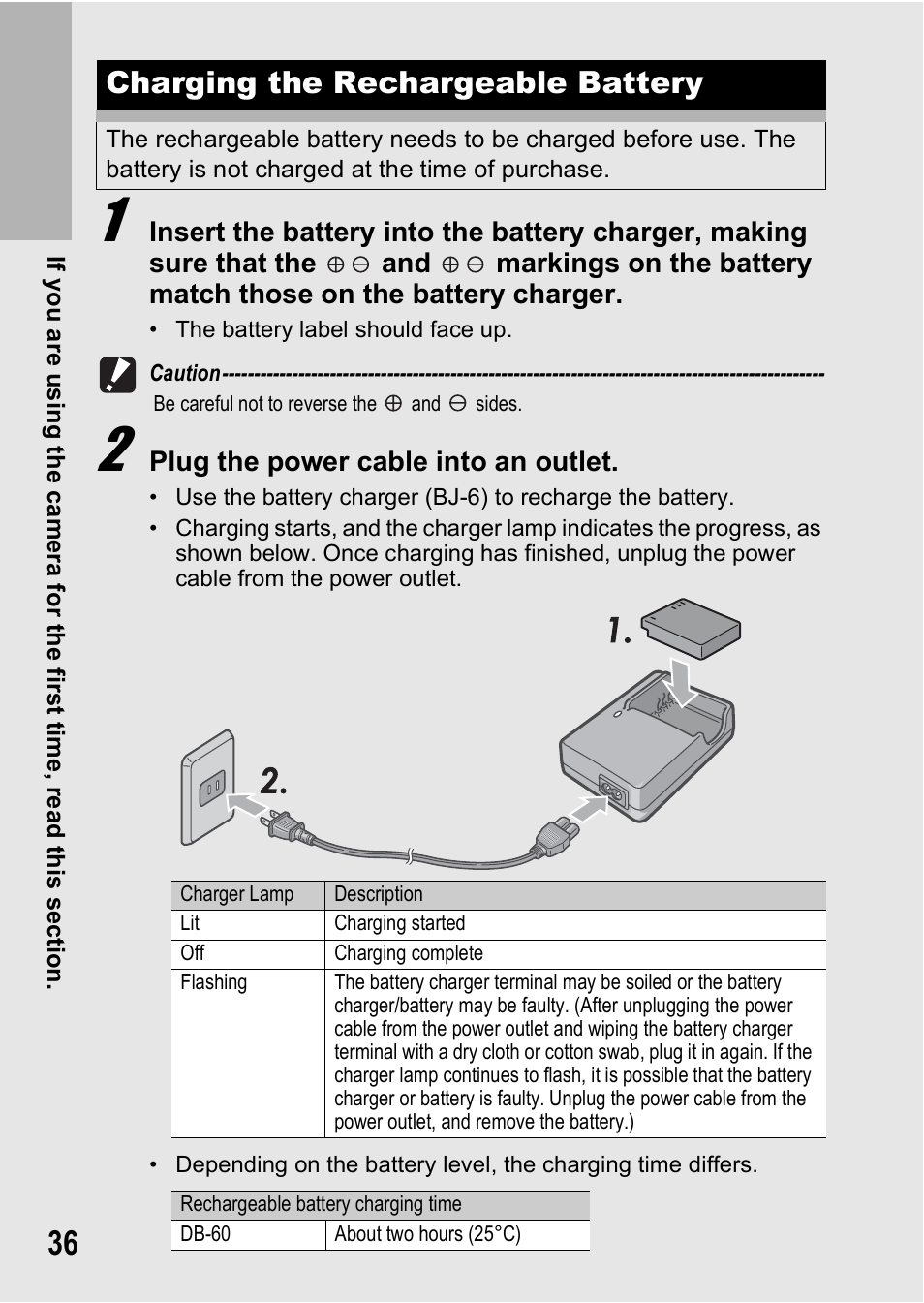 Charging the rechargeable battery | Ricoh GX200 VF KIT User Manual | Page 38 / 266