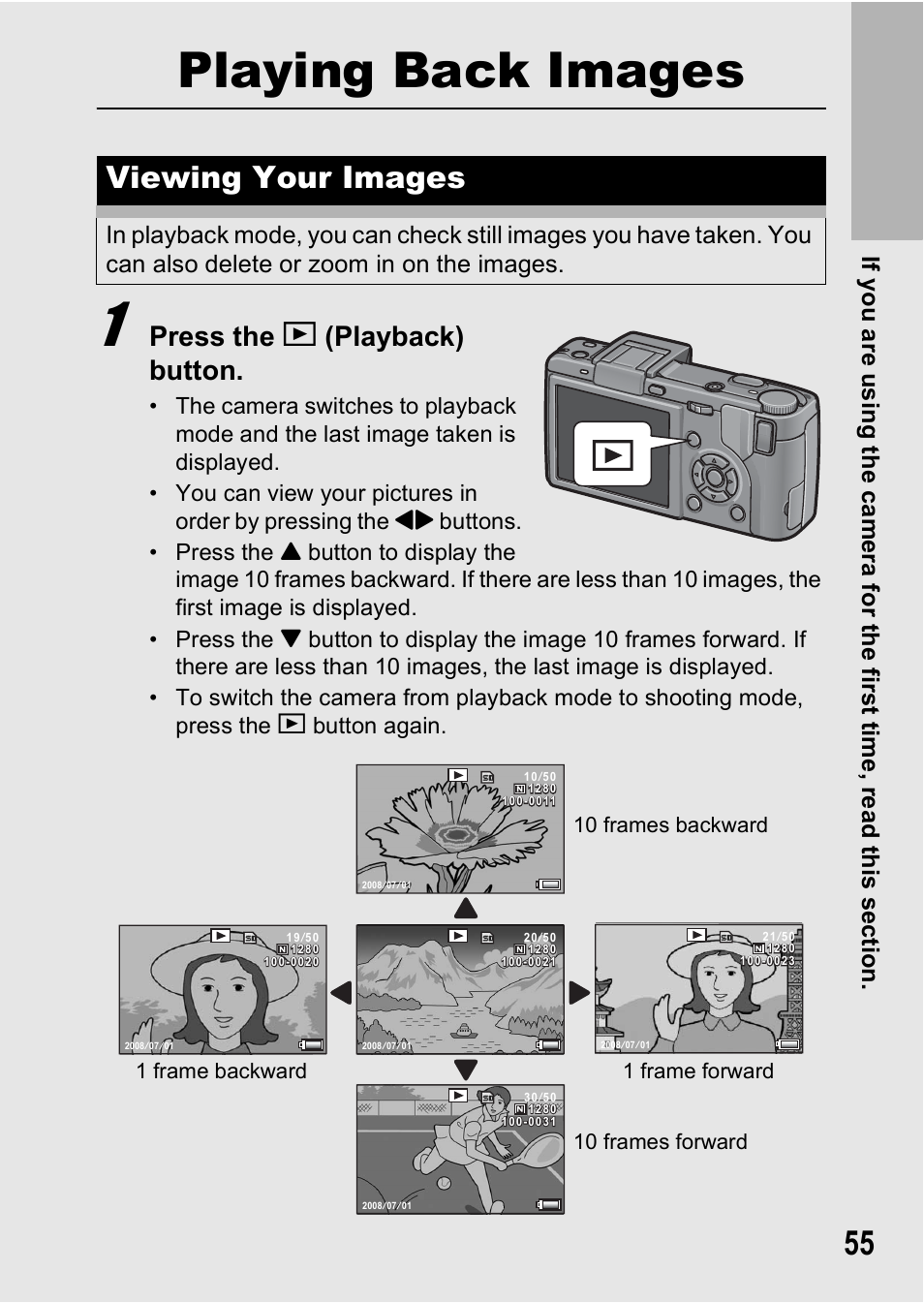 Playing back images, Viewing your images, Press the 6 (playback) button | Ricoh GX200 VF KIT User Manual | Page 57 / 266