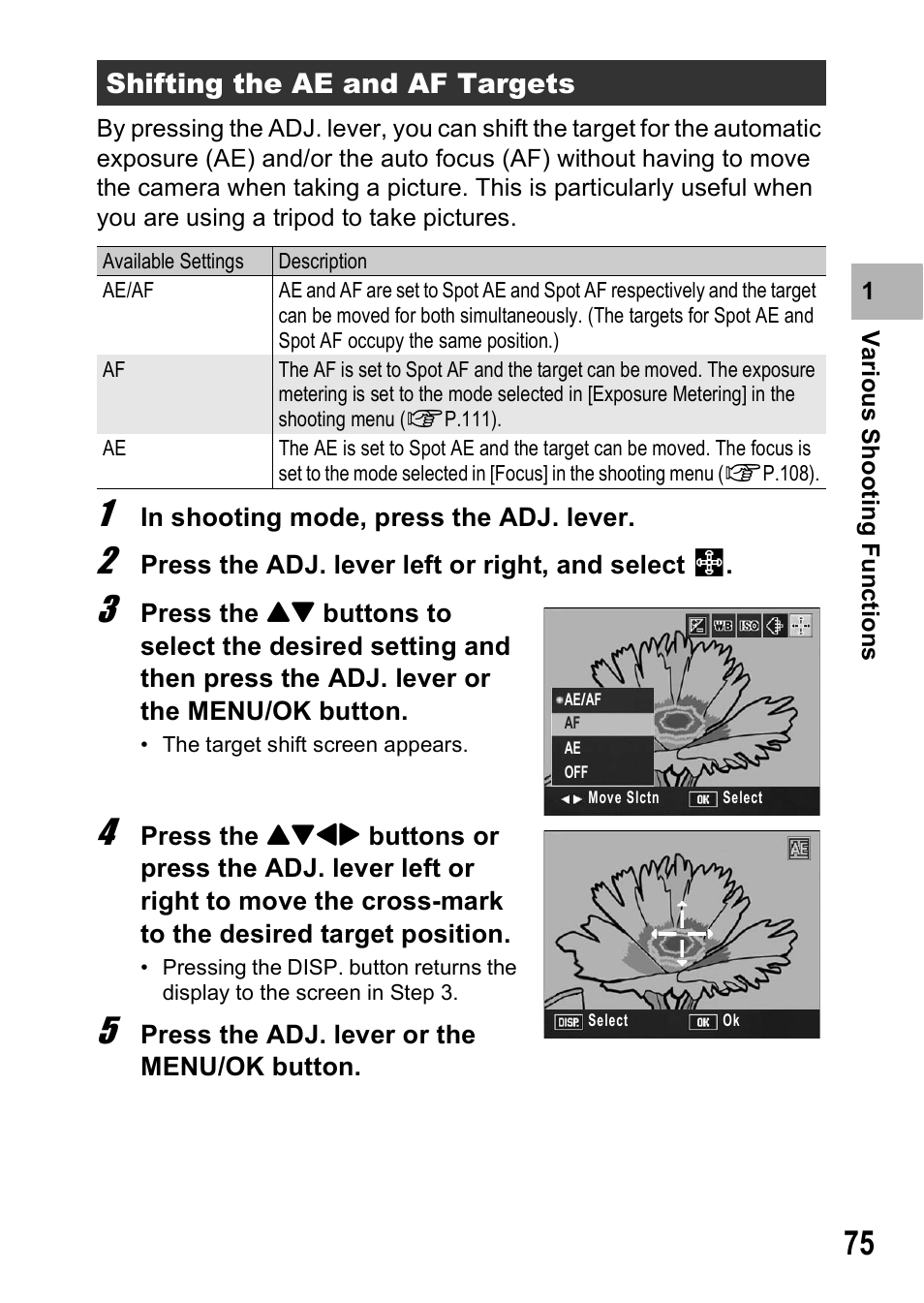 Shifting the ae and af targets | Ricoh GX200 VF KIT User Manual | Page 77 / 266