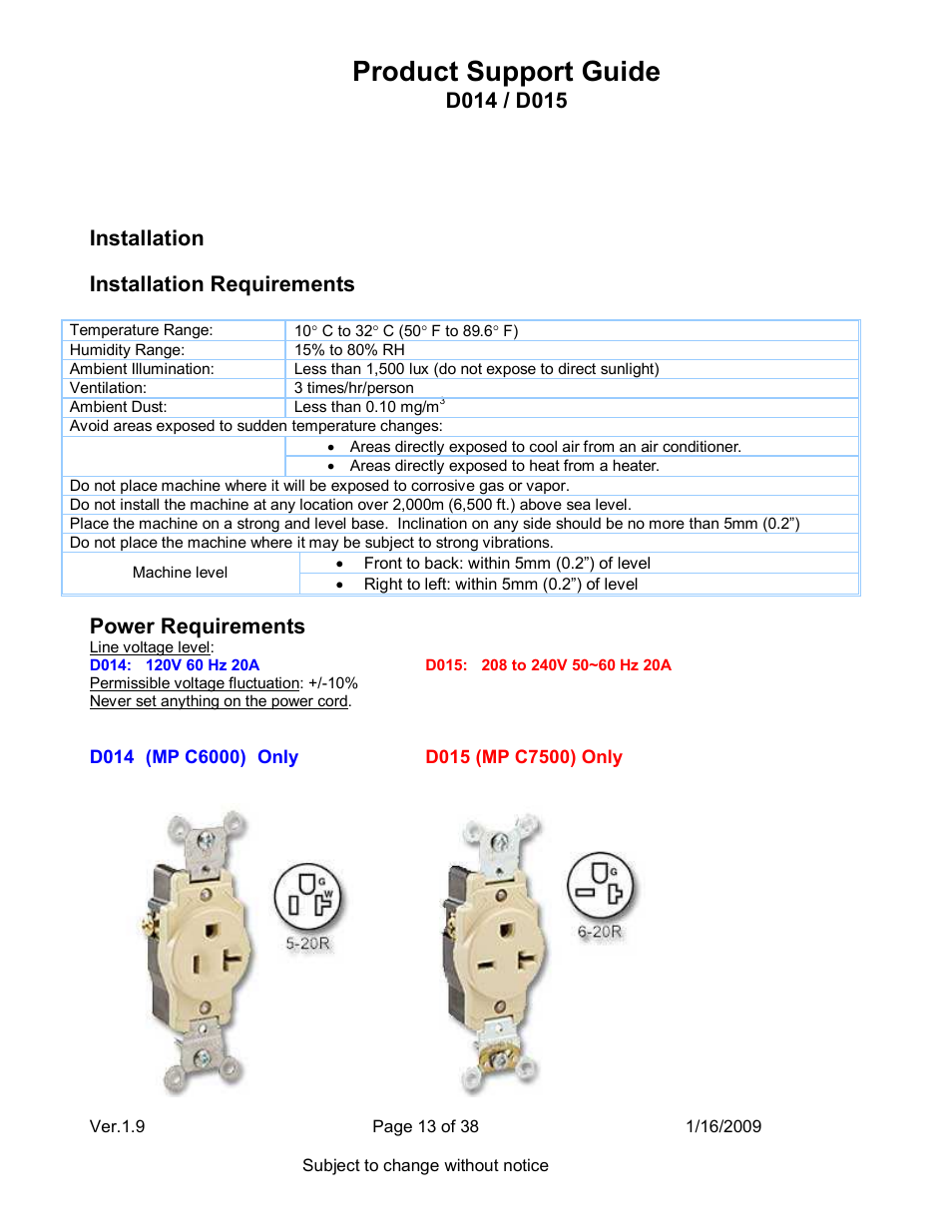 Product support guide, Installation, Installation requirements | Power requirements | Ricoh D015 User Manual | Page 13 / 38