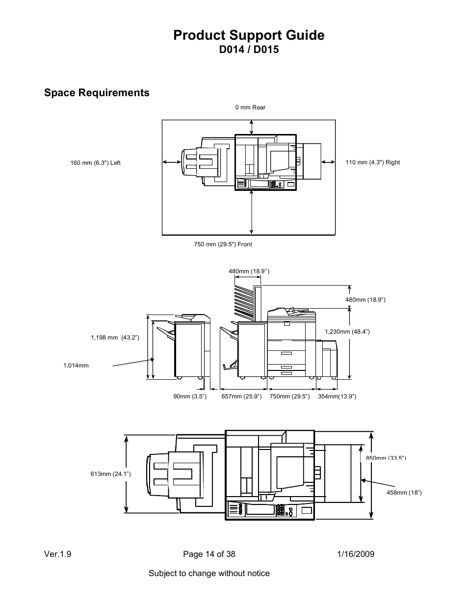 Product support guide, Space requirements | Ricoh D015 User Manual | Page 14 / 38