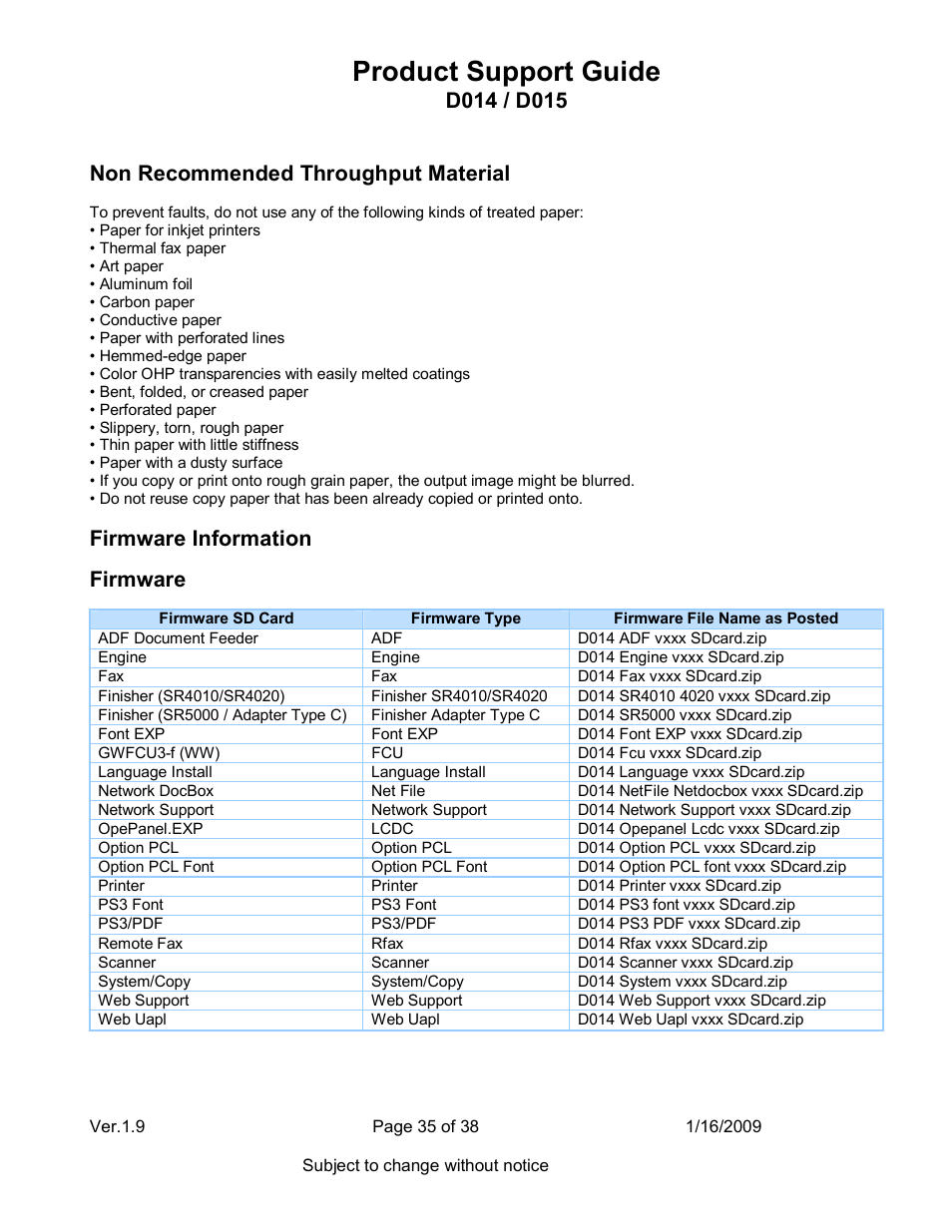 Product support guide, Non recommended throughput material, Firmware information | Firmware | Ricoh D015 User Manual | Page 35 / 38