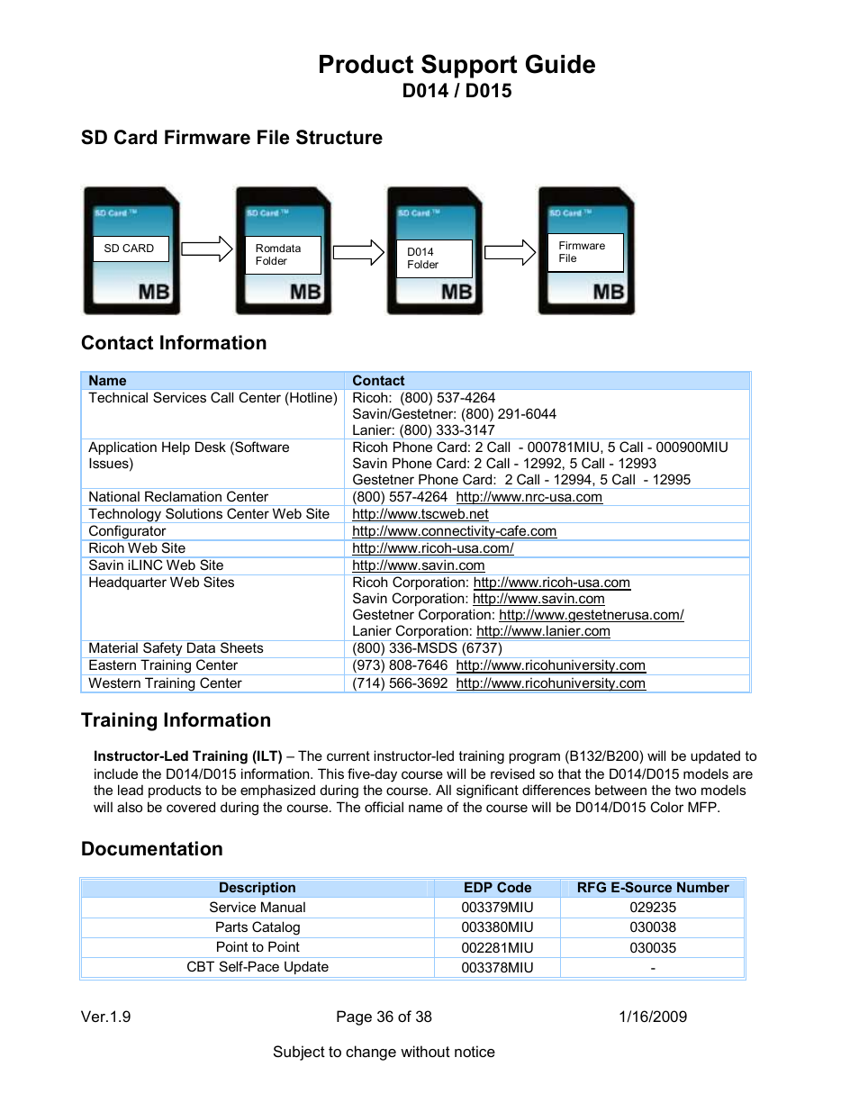 Product support guide, Sd card firmware file structure, Contact information | Training information, Documentation | Ricoh D015 User Manual | Page 36 / 38
