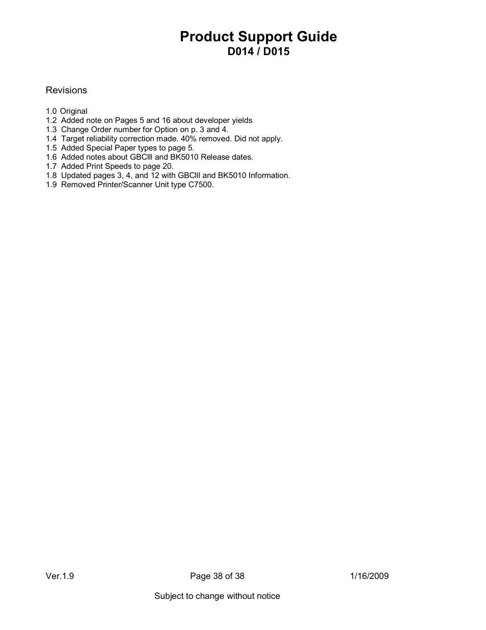 Product support guide | Ricoh D015 User Manual | Page 38 / 38