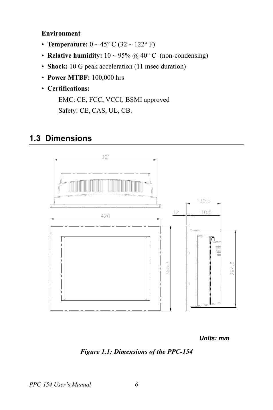 3 dimensions, Figure 1.1: dimensions of the ppc-154, Dimensions | Figure 1.1:dimensions of the ppc-154 | Ricoh PPC-154 User Manual | Page 18 / 70