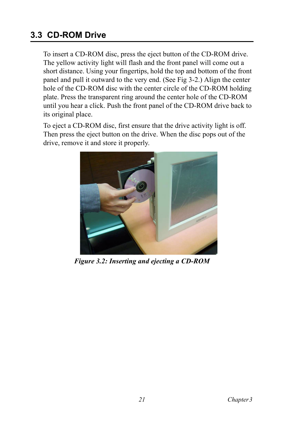 3 cd-rom drive, Figure 3.2: inserting and ejecting a cd-rom, Cd-rom drive | Figure 3.2:inserting and ejecting a cd-rom | Ricoh PPC-154 User Manual | Page 29 / 70