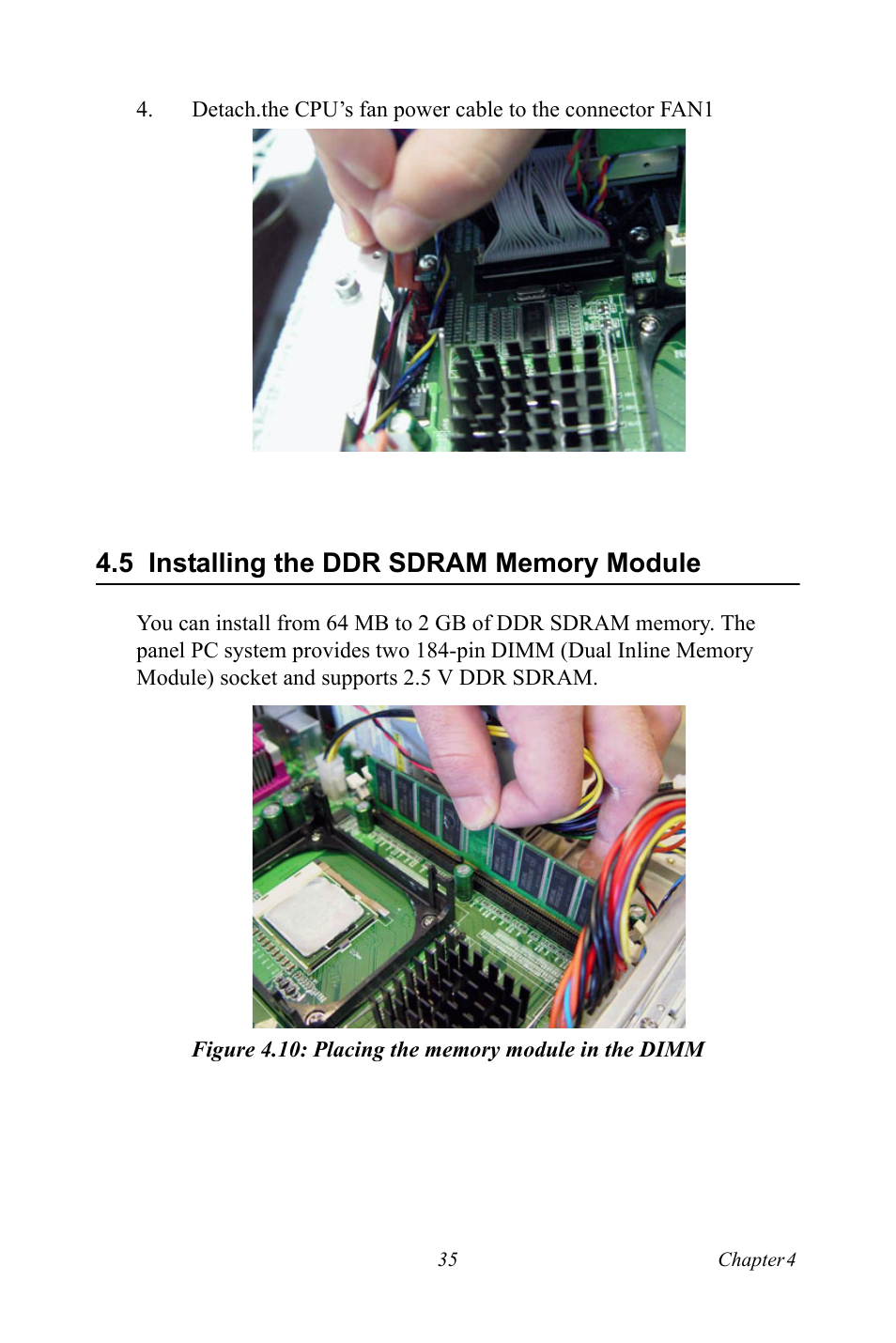 5 installing the ddr sdram memory module, Figure 4.10: placing the memory module in the dimm, Installing the ddr sdram memory module | Ricoh PPC-154 User Manual | Page 43 / 70