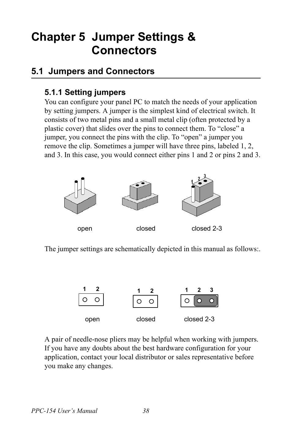 Chapter 5 jumper settings & connectors, 1 jumpers and connectors, 1 setting jumpers | Chapter, 5 jumper settings, Connectors, Jumpers and connectors, Setting jumpers | Ricoh PPC-154 User Manual | Page 46 / 70