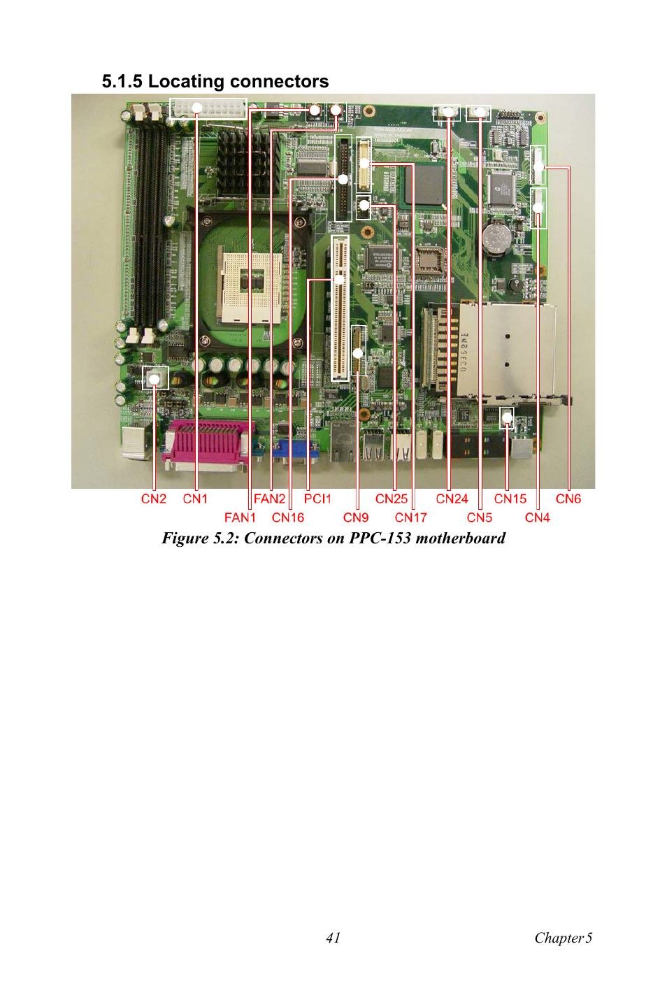 5 locating connectors, Figure 5.2: connectors on ppc-153 motherboard | Ricoh PPC-154 User Manual | Page 49 / 70