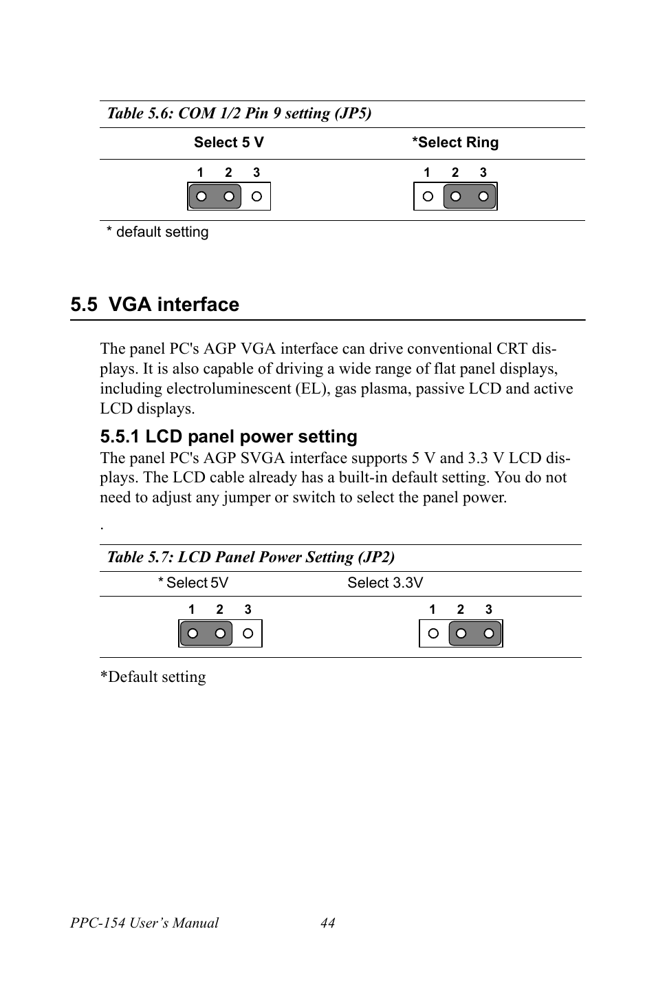 Table 5.6: com 1/2 pin 9 setting (jp5), 5 vga interface, 1 lcd panel power setting | Table 5.7: lcd panel power setting (jp2), Table 5.6:com 1/2 pin 9 setting (jp5), Vga interface | Ricoh PPC-154 User Manual | Page 52 / 70