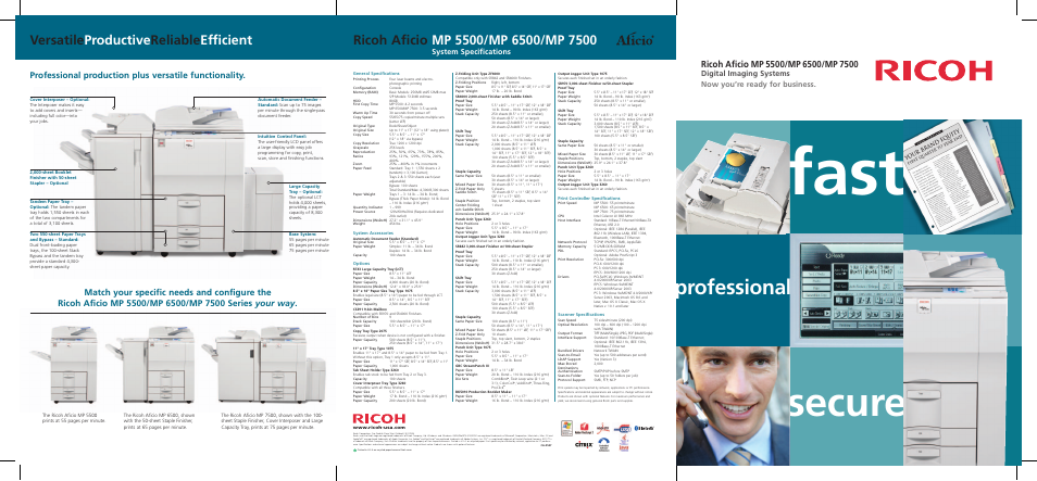 Fast, Secure, Professional | Versatile productive reliable efficient, System specifications | Ricoh Aficio MP7500 User Manual | Page 2 / 6