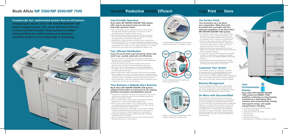 User-friendly operation, Fast, efficient distribution, Your business is nobody else’s business | The perfect finish, Customize your system, Remote management, Do more with documentmall, Your environmental partner, Aficio | Ricoh Aficio MP7500 User Manual | Page 4 / 6