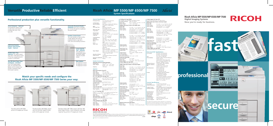 Fast, Secure, Professional | Versatile productive reliable efficient, System specifications | Ricoh Aficio MP7500 User Manual | Page 6 / 6