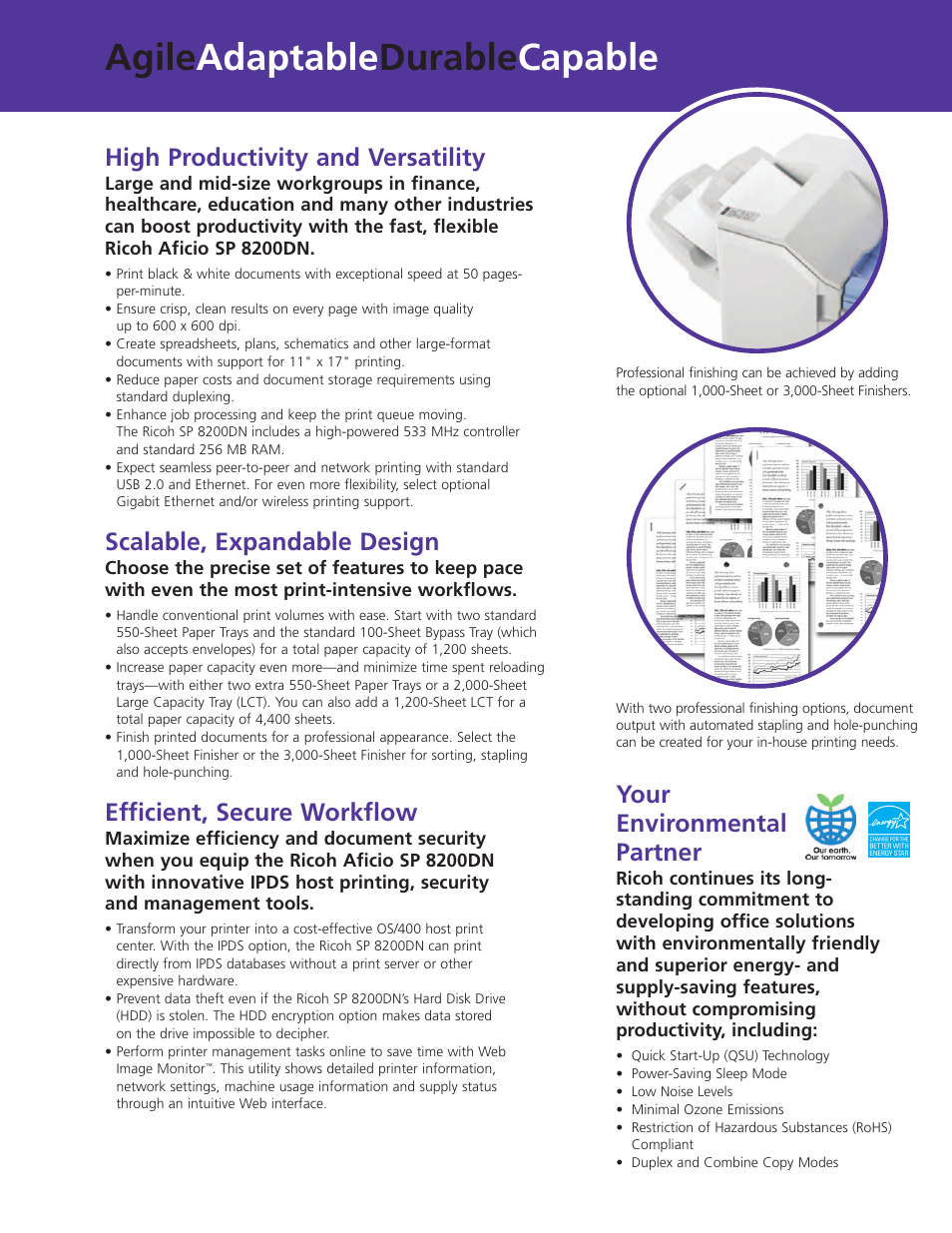 Agile adaptable durable capable, High productivity and versatility, Scalable, expandable design | Efficient, secure workflow, Your environmental partner | Ricoh Aficio SP 8200DN User Manual | Page 3 / 4