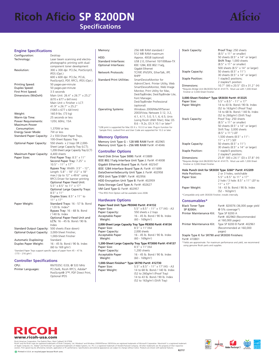 Ricoh aficio sp 8200dn, Specifications | Ricoh Aficio SP 8200DN User Manual | Page 4 / 4