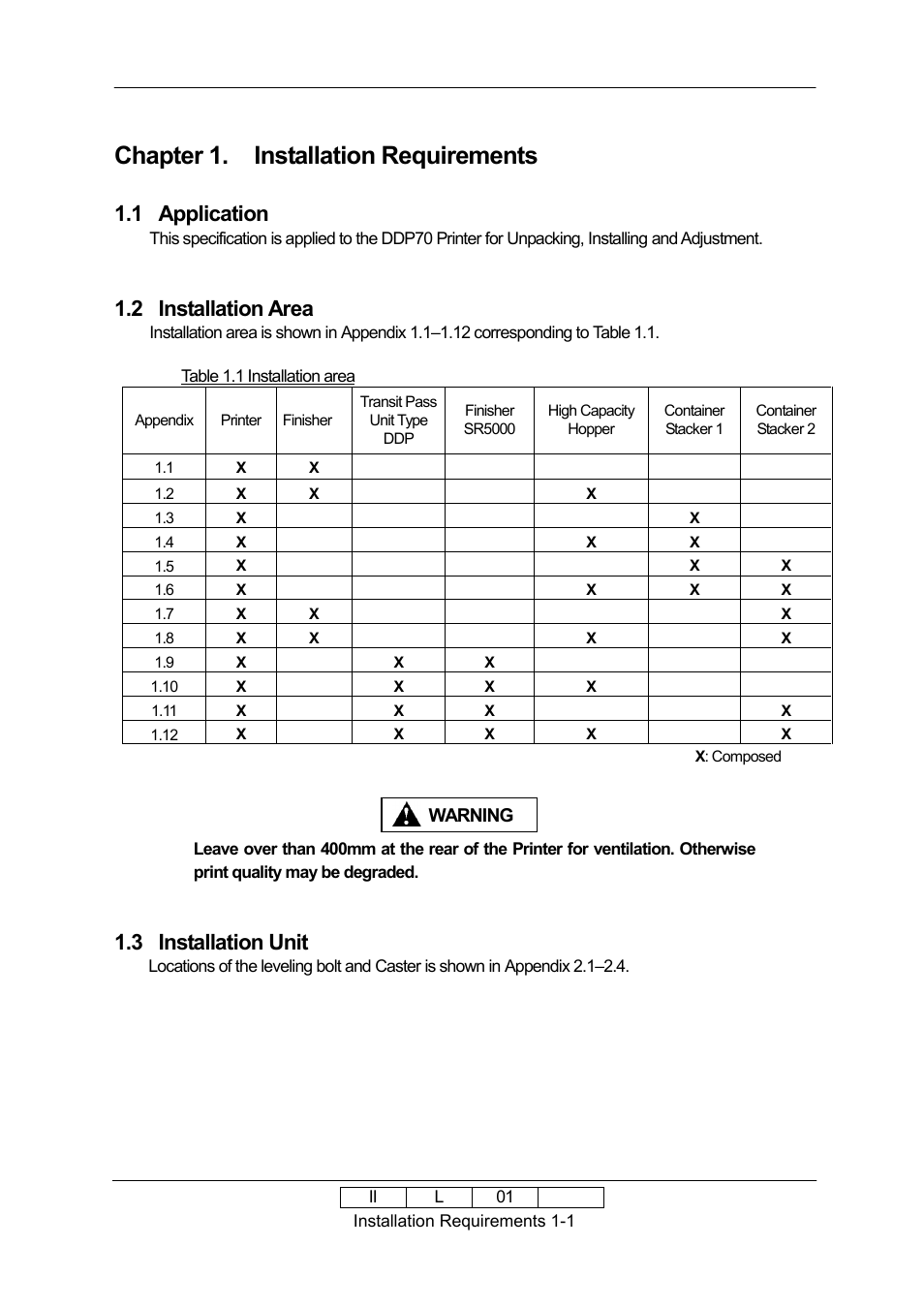 Chapter 1. installation requirements, 1 application, 2 installation area | 3 installation unit | Ricoh 70E User Manual | Page 12 / 122