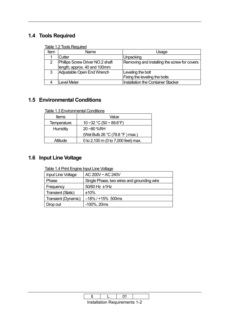 4 tools required, 5 environmental conditions, 6 input line voltage | Ricoh 70E User Manual | Page 13 / 122