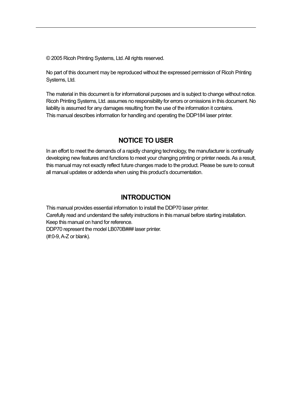 Notice to user, Introduction | Ricoh 70E User Manual | Page 4 / 122