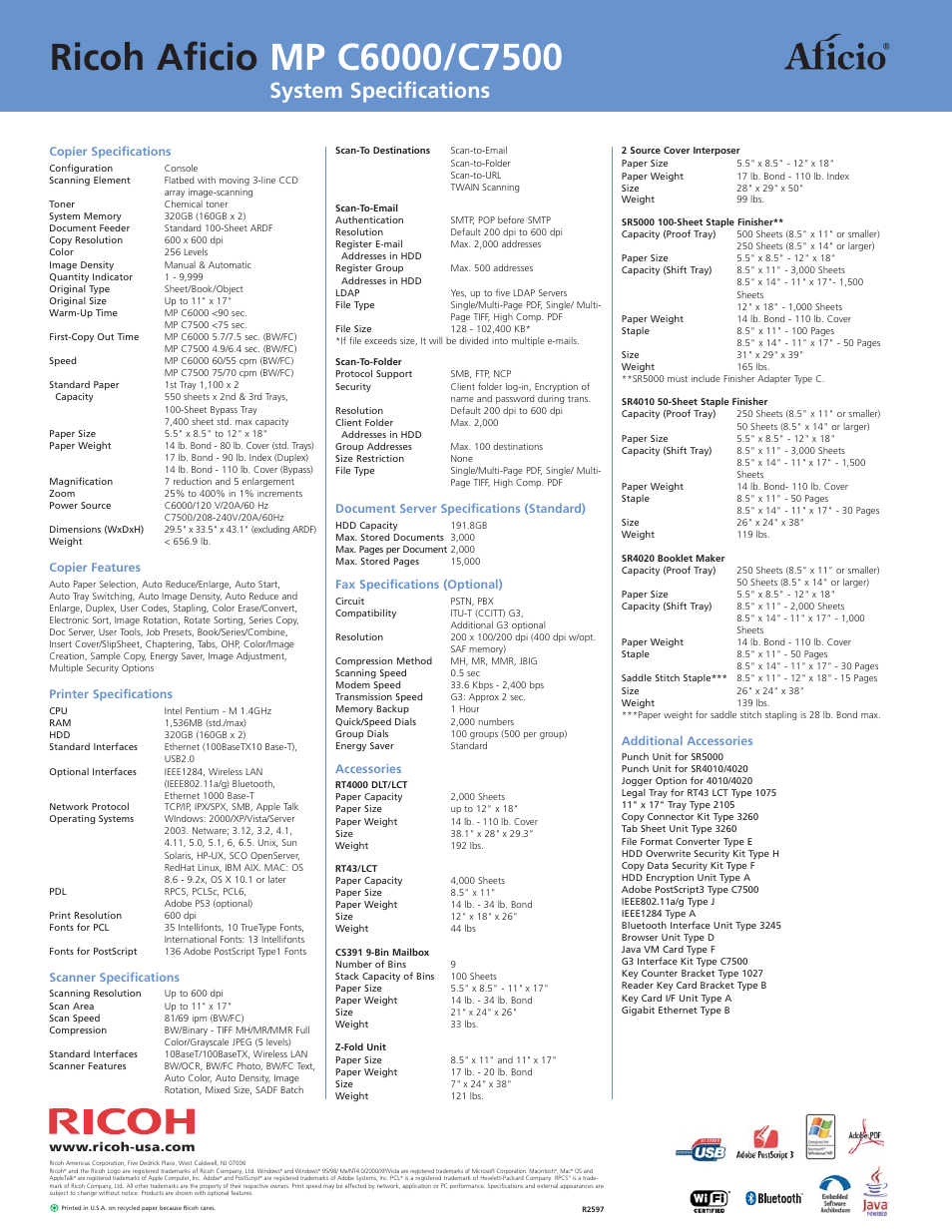 System specifications | Ricoh Aficio MP C6000/C7500 User Manual | Page 6 / 6
