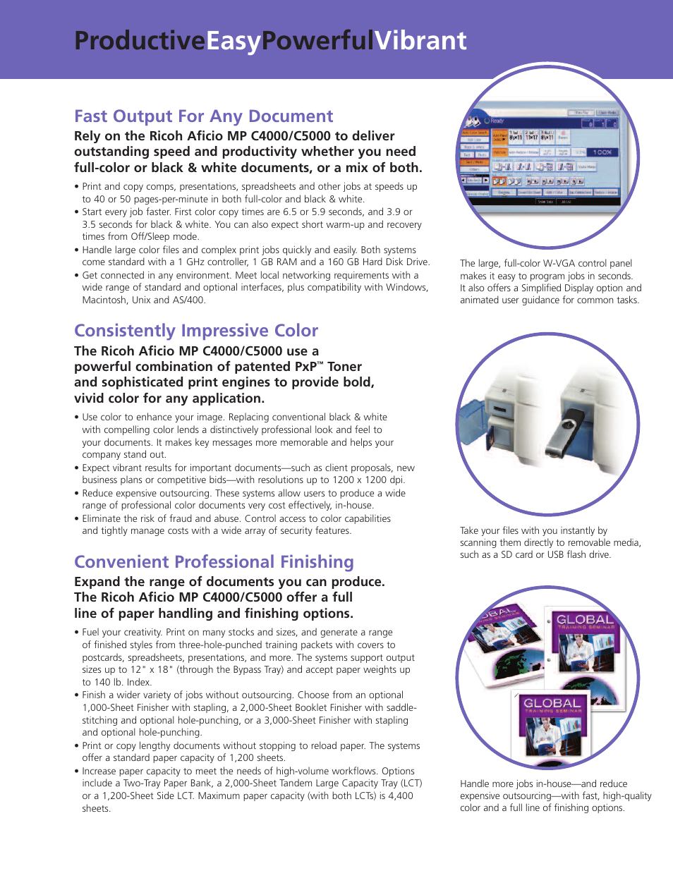Productive easy powerful vibrant, Fast output for any document, Consistently impressive color | Convenient professional finishing | Ricoh Aficio MP C4000 User Manual | Page 3 / 8