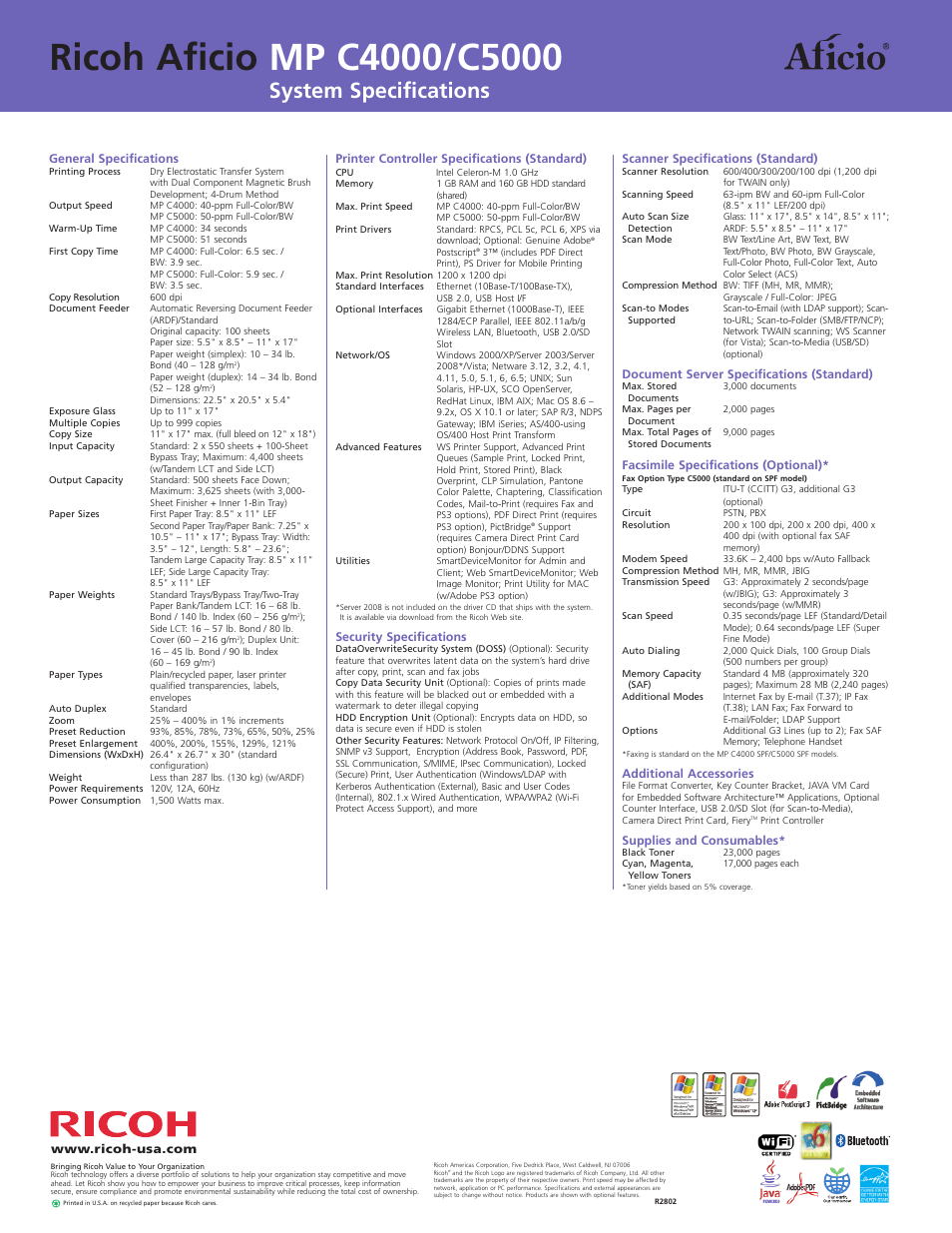 System specifications | Ricoh Aficio MP C4000 User Manual | Page 8 / 8