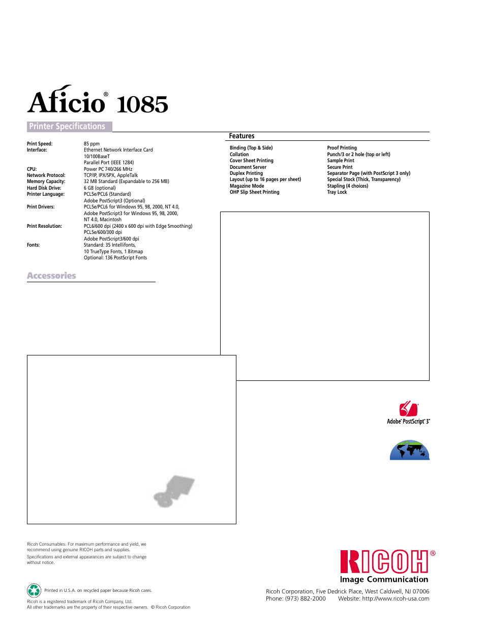 Printer specifications, Accessories | Ricoh Aficio 1085 User Manual | Page 10 / 14